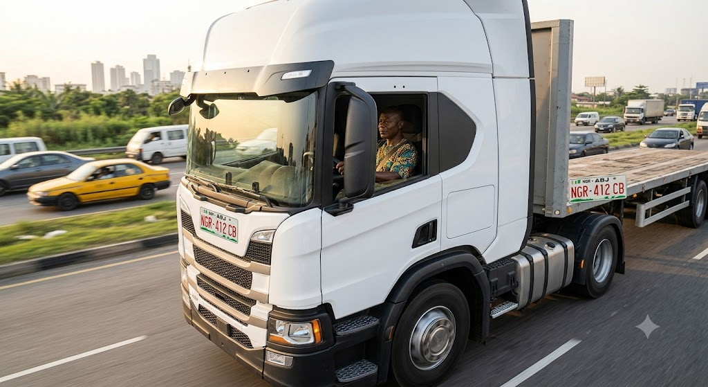 Nigerian truck driver on the highway in a long-haul cab
